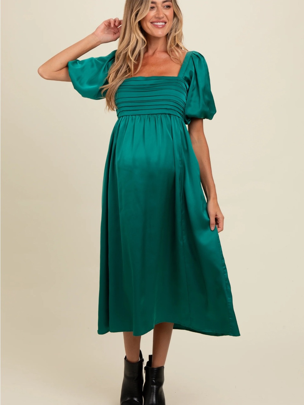Emerald Square-Neck Midi Dress with Puff Sleeves